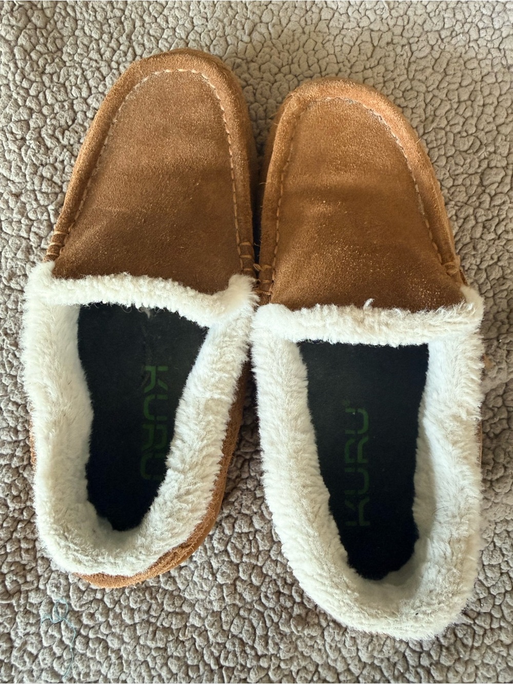 KURU Brown Suede Moccasin Slippers with White Faux Fur Trim
